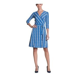 3/$15 Leota Perfect Wrap Blue Floral Stripe Jersey Knit A-Line Office Dress